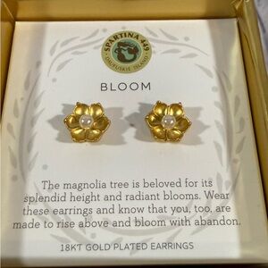 Spartina Magnolia Flower Pearl 18K Gold Plated Stud Earrings NEW